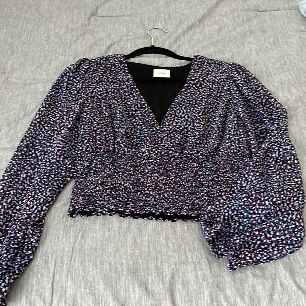 Wilfred Black Puff Sleeve Smocked Crop Blouse